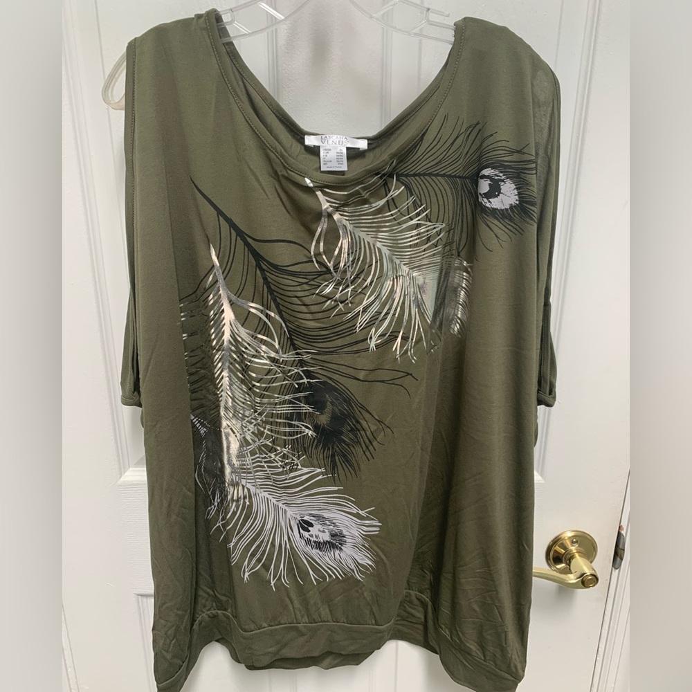 NEW - Venus Metallic Feather top with deep cold shoulders and a banded hem.